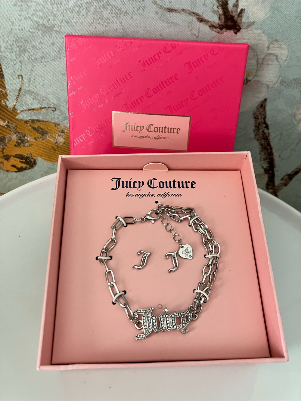 NWT Juicy Couture Cubic Zirconia Encrusted Silver Chain Bracelet & Stud Earrings